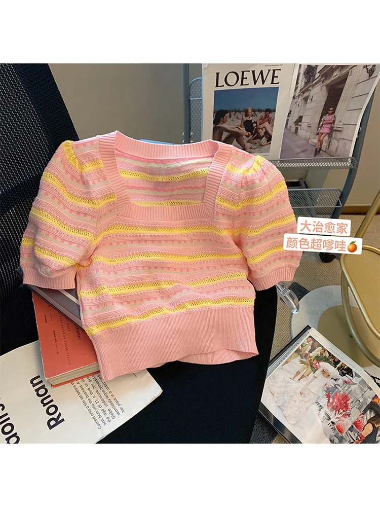Coreea Style Retro Dulce Design Cu Dungi Pentru Femei Tricotate Pulover Pătrat Guler Maneci Scurte Pulover Femei Stil Vintage Chic Imagine 0
