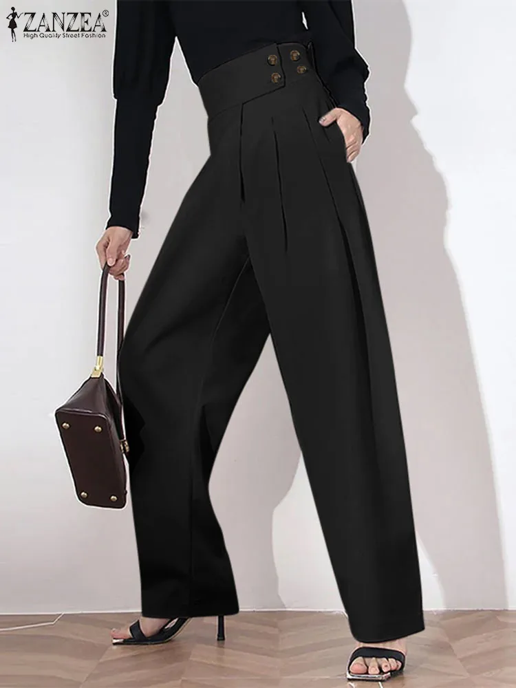 Birou Doamnă Pantaloni Lungi ZANZEA Femei Elegante de Înaltă Talie Pantaloni Solid Cutat 2023 Casual de Vara Commtuing Munca Purta Pantalon Imagine 2