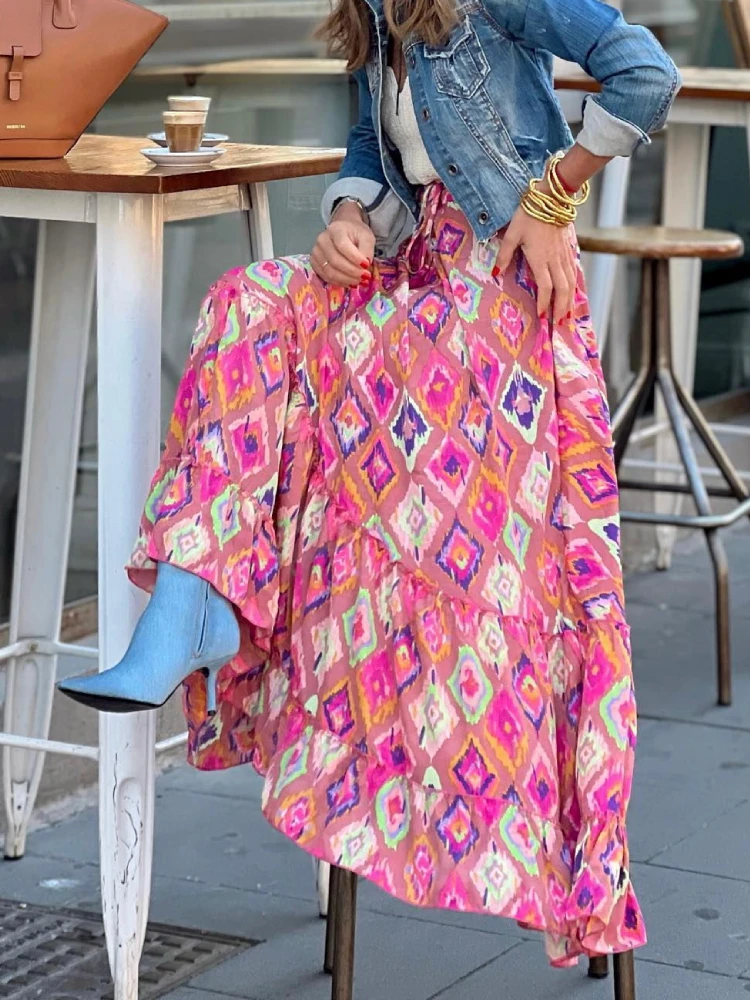 Femei de moda de Stradă Tipărite Fuste Lungi Boem de Imprimare de Vacanță Fusta Maxi Liber Volane de Cusut Fuste Chic pentru Femei Bottoms Imagine 3