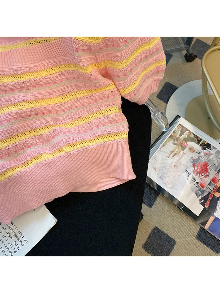 Coreea Style Retro Dulce Design Cu Dungi Pentru Femei Tricotate Pulover Pătrat Guler Maneci Scurte Pulover Femei Stil Vintage Chic Imagine 4
